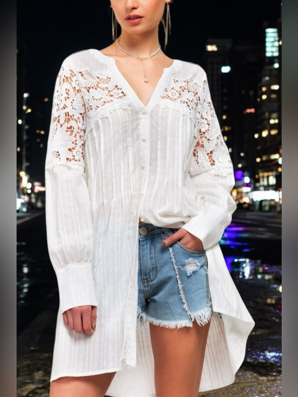 POL Show Stopper Lace Inset Pleated Long Sleeve Button Down Shirt